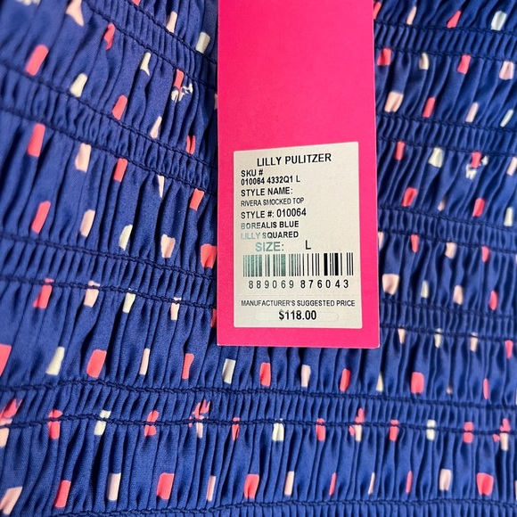 Lilly Pulitzer Rivera Smocked Top in Borealis Blue Lilly Squared Size Large - Picture 6 of 9